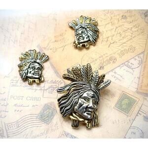 Signed MJ Vintage Western Revival Chief Head Jewelry Set – Brooch & Earrings